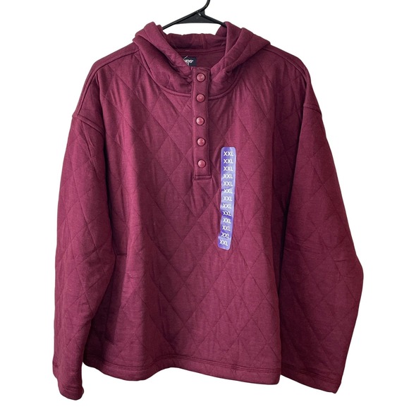 Lands' End Tops - Lands' End Quilted Pullover Hoodie Women's XXL Burgundy Snap Neck Top FlawNew‎